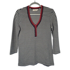 Tory Burch Sweater Women's Small Striped V-neck Pullover 3/4 Sleeve Cotton